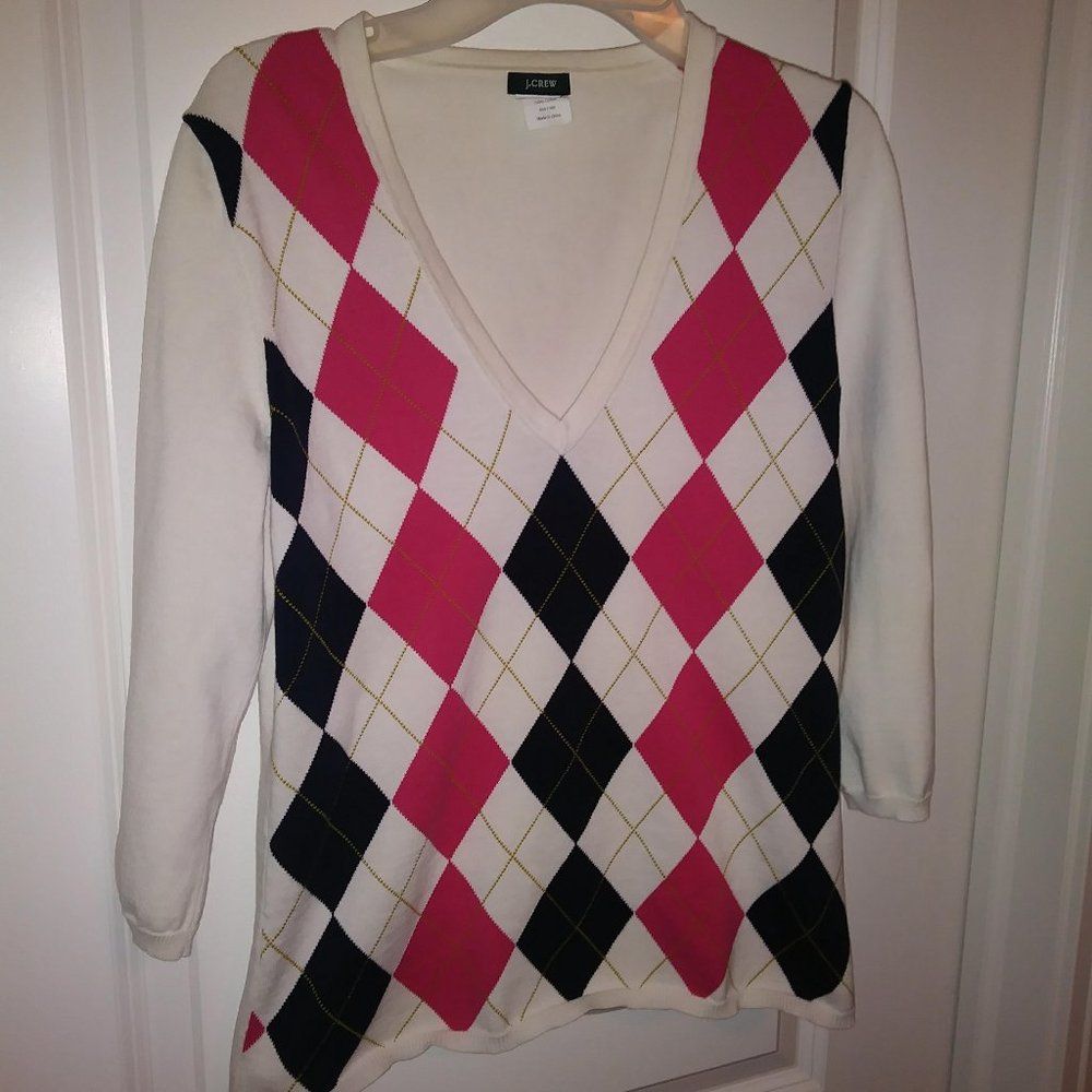 J. Crew Cotton Argyle Sweater Size M ivory/pink/navy EUC